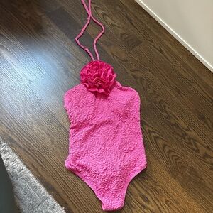 Mango Pink Textured Halter Swimsuit with Floral Accent size small